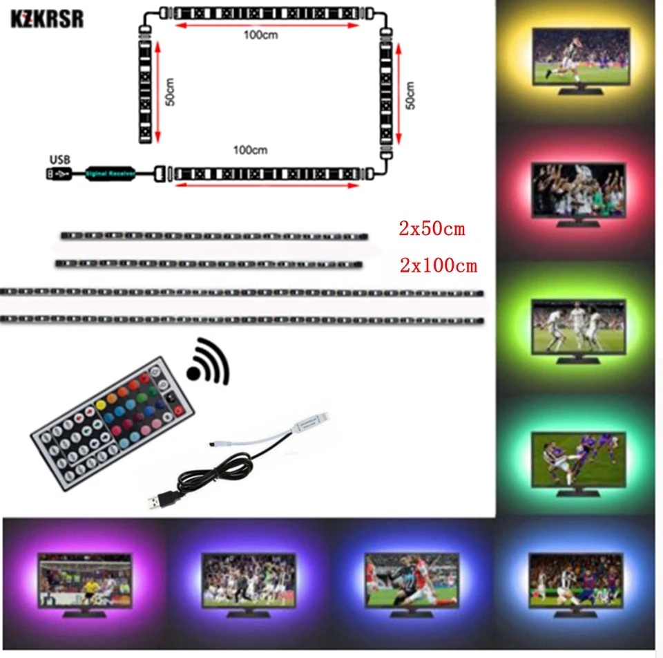 

DC5V 2x50cm 2x100cm RGB LED Strip Lights 5050 SMD Bar TV Background USB Power Lighting Kit Led String+USB 44 Keys Remote Control