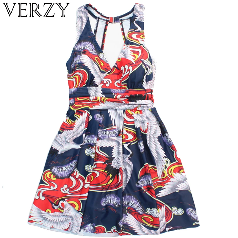 

Push Up Padded Beach Dresses One-piece Skirted swimming Clothes for Sweet Girls Sexy Deep V-neck Print 2018 New beachwear Dress