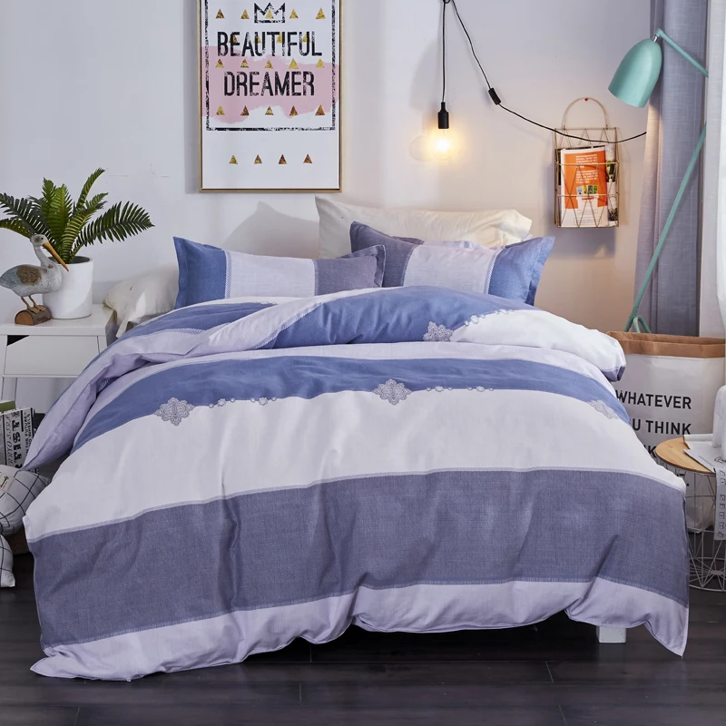 

Light Blue Stitching Pattern Bedding Sets Set Polyester Soft Reactive Printing Hot Sale Comforter Bed Set Queen Full Size 3/4Pcs