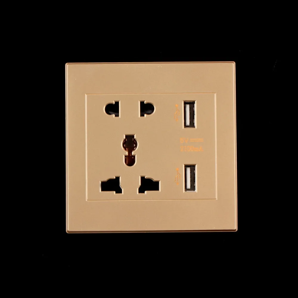 Dual USB Port 5V 2100MA Electric Wall Charger Port Dock Socket Power Outlet Electricity AC Power Panel Plate Gold Color