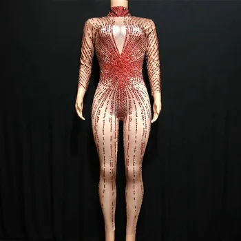 

Women Fashion Sparkly Crystals Red Jumpsuit Rhinestones Sexy Bodysuit Female Singer Rompers Stage Wear Dance Outfit Birthday DJ