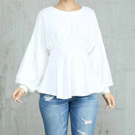 Осенние модные женские футболки с круглым вырезом и рукавами-фонариками, большие размеры, женские белые рубашки с рукавами-пузырьками, топы оверсайз Овер