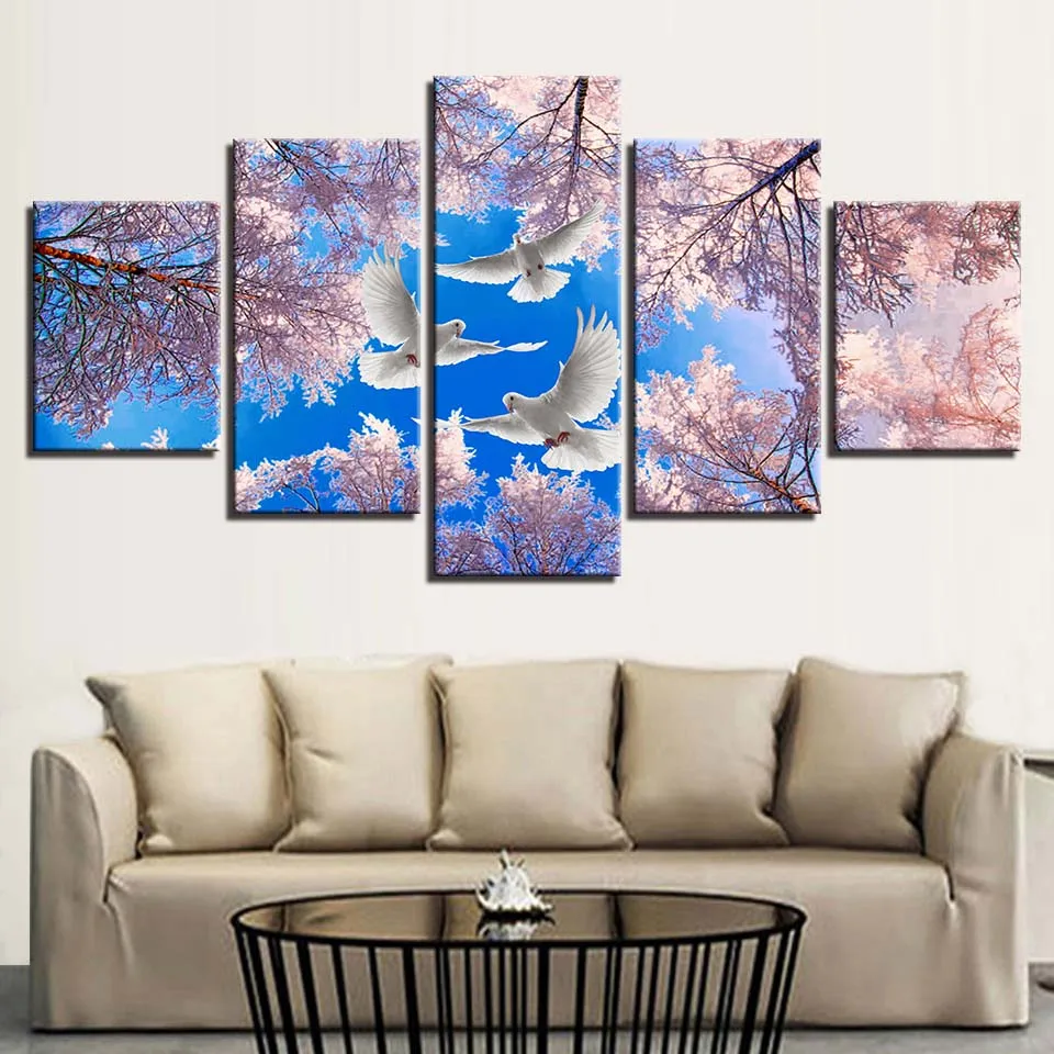 HD Printed Popular Canvas Pictures Posters 5 Pieces Tree And Doves In The Sky Fly Scenery Paintings Wall Art Cuadros Decoration | Дом и сад