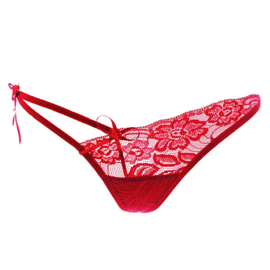 New Female Sexy Lace Yarn Net Hollow Bow Thongs (Red)-in women's panties from Underwear