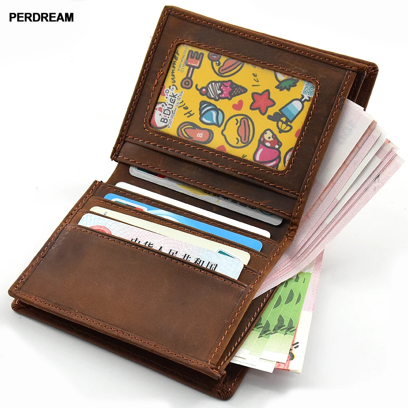 

PERDREAM Vintage Cow Leather Man Wallet Mini Vertical Wallet No Zipper Genuine Leather Clutch Bag Solid Card Holder