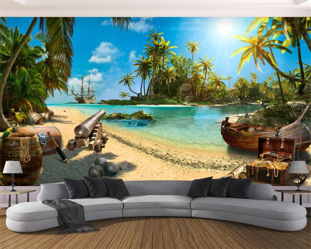 Beach Tropical Tree Sea Boat Sky Photo Wallpaper Wall Mural Home Bedroom Deco