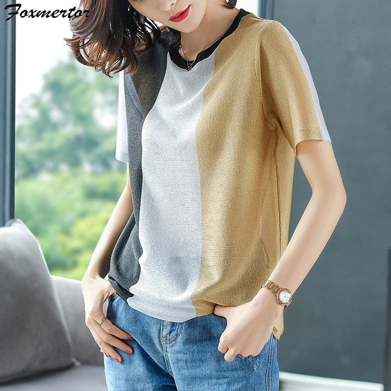 

Foxmertor Women Splice Stripe O-Neck tshirt New Summer Stylish Bright Silk Woman Tops Shiny Loose Short Sleeve t-shirt Harajuku