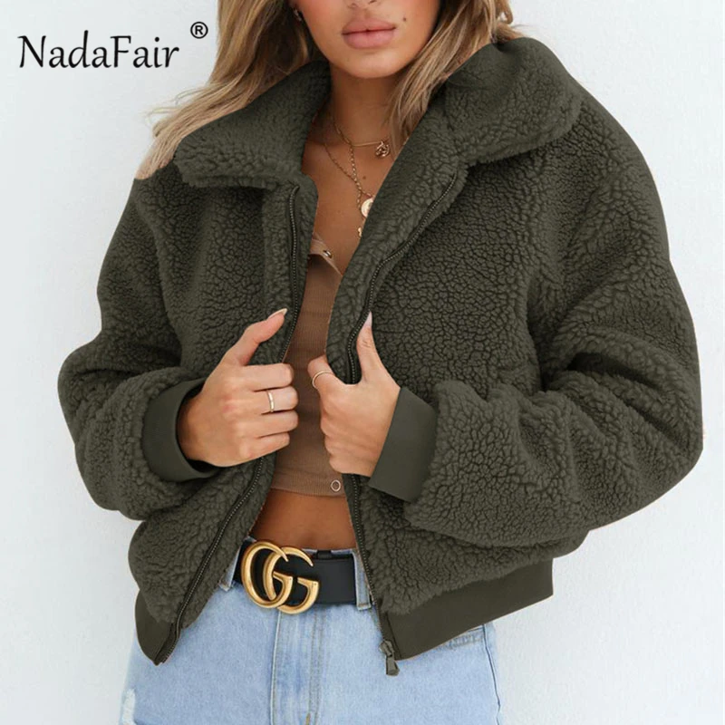 Nadafair رقيق تيدي سترة معطف 3XL زائد حجم الخريف الشتاء كم طويل فو الفراء معطف المرأة بدوره أسفل سترة قصيرة الإناث