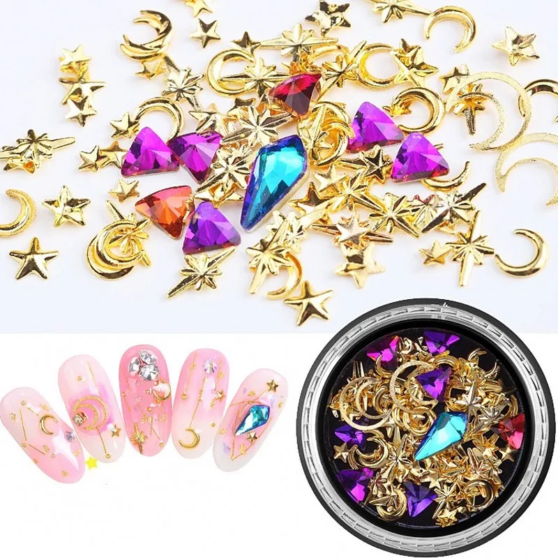 

1pcs Nail Decoration Set Mix 3D Copper Metal Hollow Star Moon Studs Aolly Rivet Rhinestones #6*9mm# For Nails Art Decoration JS2