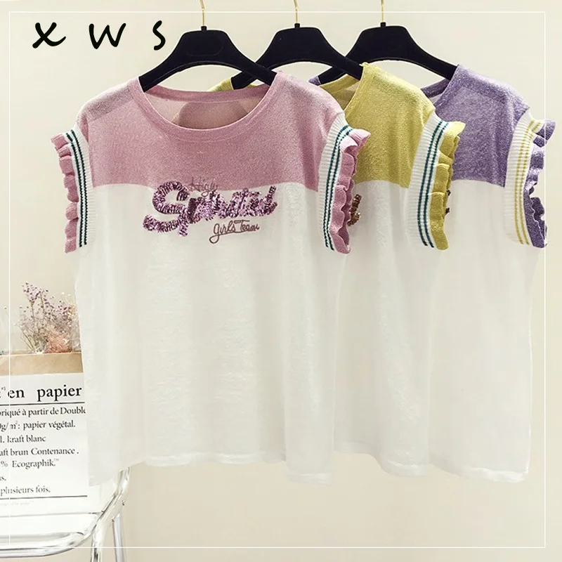 

2019 new summer knit female letter short sleeve o neck sweater loose Jumper Women Sweater and Pullover Knitted top Female