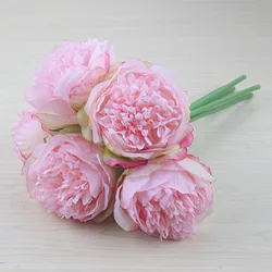 Elegant 5-Piece Peony and Rose Artificial Silk Flower Bouquet - White and Pink Decor (Deep pink)