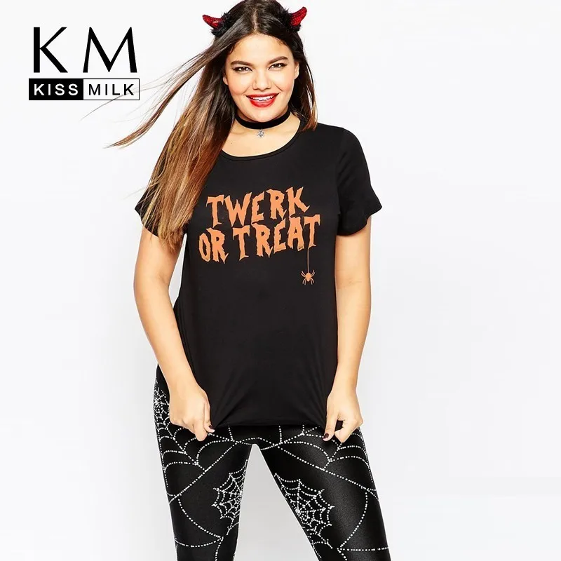 

Kissmilk European And American Streets Large Size Halloween Carnival Letter Funny Print Sleeve Round Neck Loose Slim T-shirt