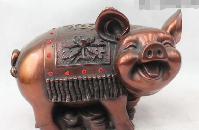 

6"Chinese Folk Fengshui Bronze Zodiac Year Money drawing Pig money box Statue
