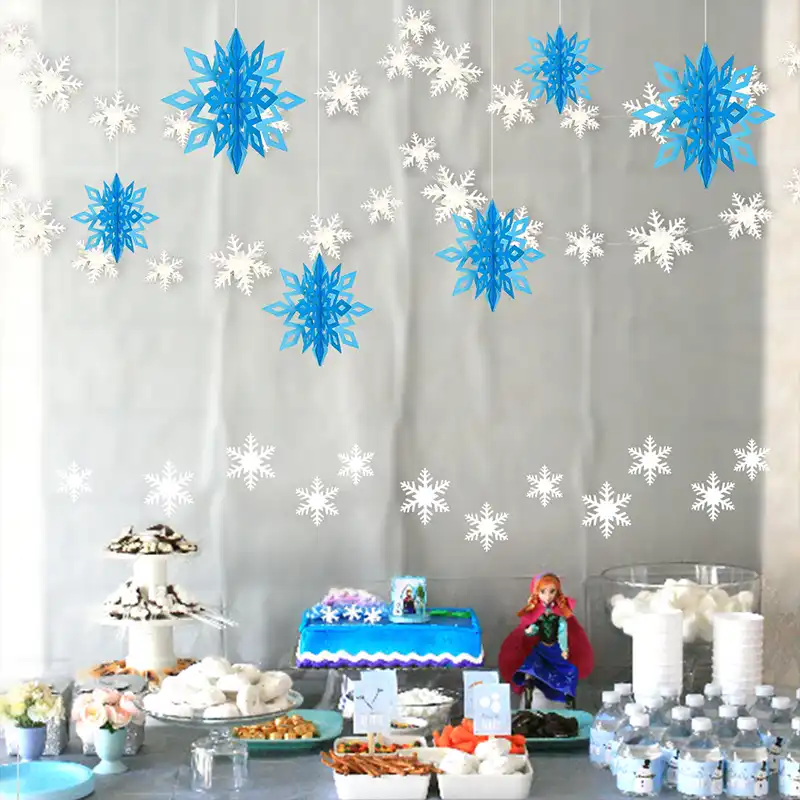 Frozen Silver Blue White Themed Party Decorations Big 3d Hanging Snowflake Garland Kit For Kidbirthday Event Home Decorations