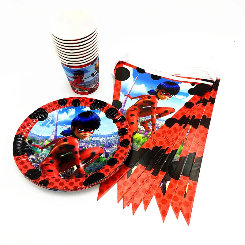 21PCS/LOT LADYBUG PLATES LADYBUG CUPS KIDS BIRTHDAY PARTY FAVORS HAPPY