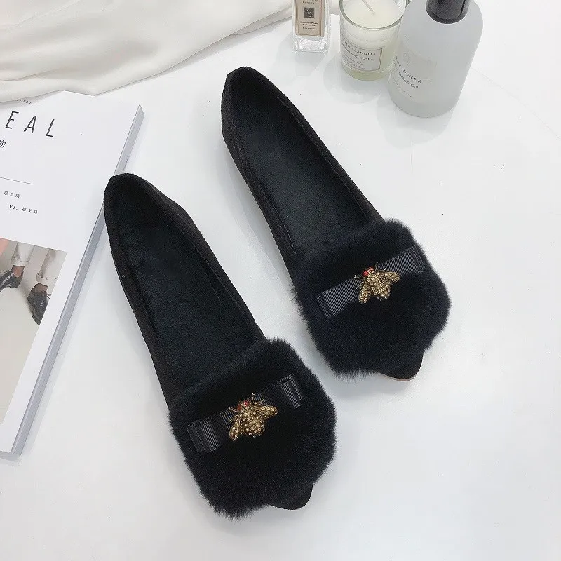 

Chowaring Bow Metal Bee Fur Autumn Women Casual Shallow Shoes Autumn Slip On Female Soft Flats Shoes Female Flat Heel Boat Shoes
