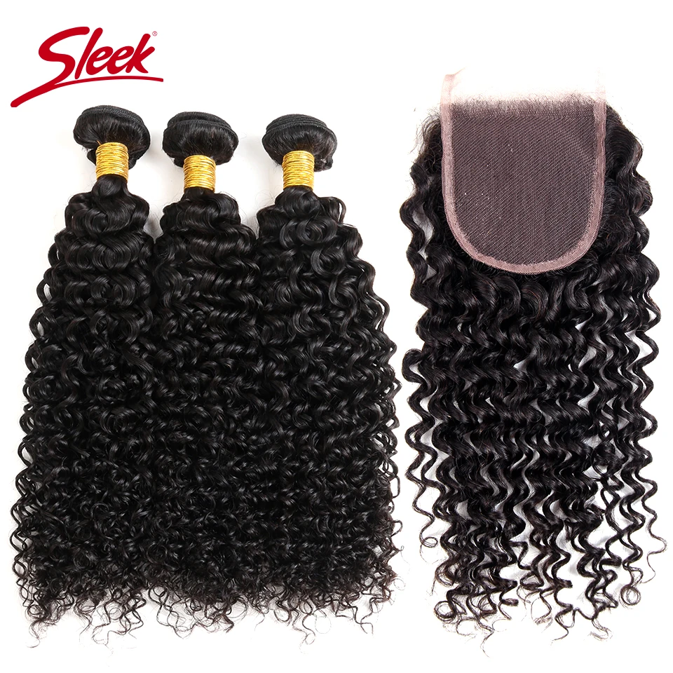 

SLEEK Mongolian Kinky Curly Human Hair Bundles With Closure 4*4 Closure Free/Middle/Three 3 Part 100% Virgin Hair Extension