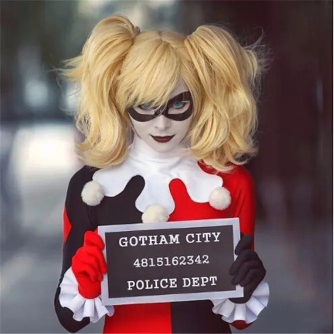 

Suicide Squad Harley Quinn Wigs Natural Blonde Long Body Wave Double Ponytails Synthetic Hair Cosplay Wig + Wig Cap