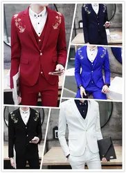 2017 последние пальто брюки для девочек конструкции Королевский синий бордовый черный Жених Смокинги женихов Золото Вышивка 3 шт. Slim Fit