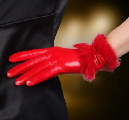 Новые красные перчатки из натуральной кожи с кроличьим мехом для перчатки для девушек с бантом - Цвет: Red