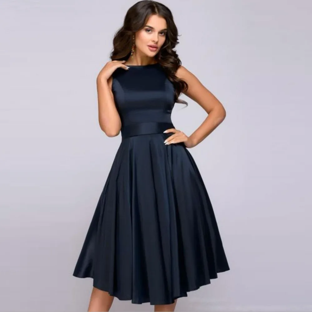 

Vintage Style Knee Length Dress Women Sleeveless Elegant A-line Dress Vestidos With Belt Party Short Dress