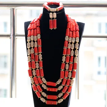 

Extra Long All Gold Bling 4 Layers Original Traditional African Coral Beads Necklace Jewelry Set Free Shipping CNR841