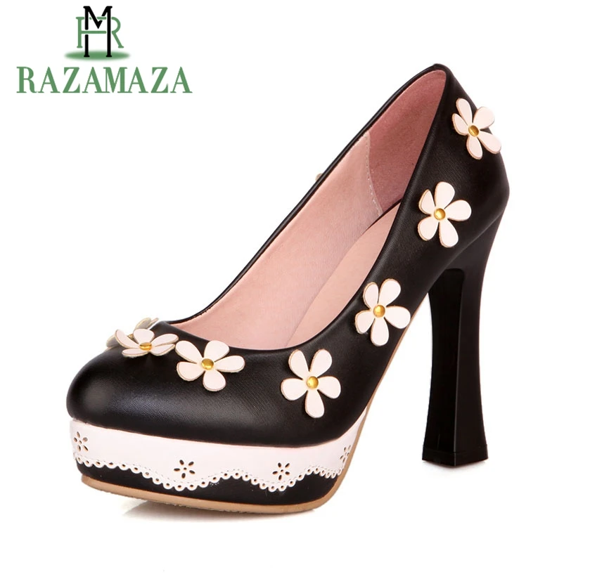 

RAZAMAZA Size 32-43 Women Cute Flower Shoes Sexy High Heels Round Toe Party Wedding Platform Pumps