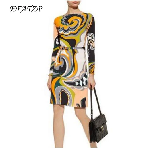 

New 2018 Fashion Designer Brand XL XXL Dress Women's 3/4 Sleeves Geometry Printed Stretch Jersey Silk Dress