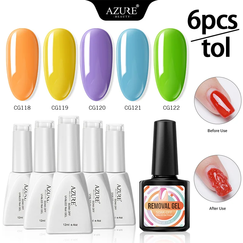

Azure Beauty 6Pcs/Lot Candy Color Uv Gel Set Burst Remover Gel Lacquer Soak Off Semi Permanent Nail Polish Kits Need Base Top
