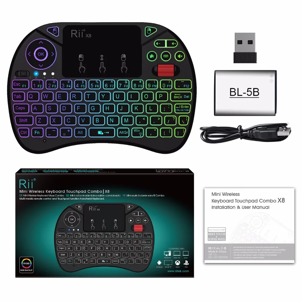 Беспроводная клавиатура 2,4G Fly Air mouse Rii X8(i8x) с RGB подсветкой, русская английская испанская 3 версия i8, клавиатура для Android box pc