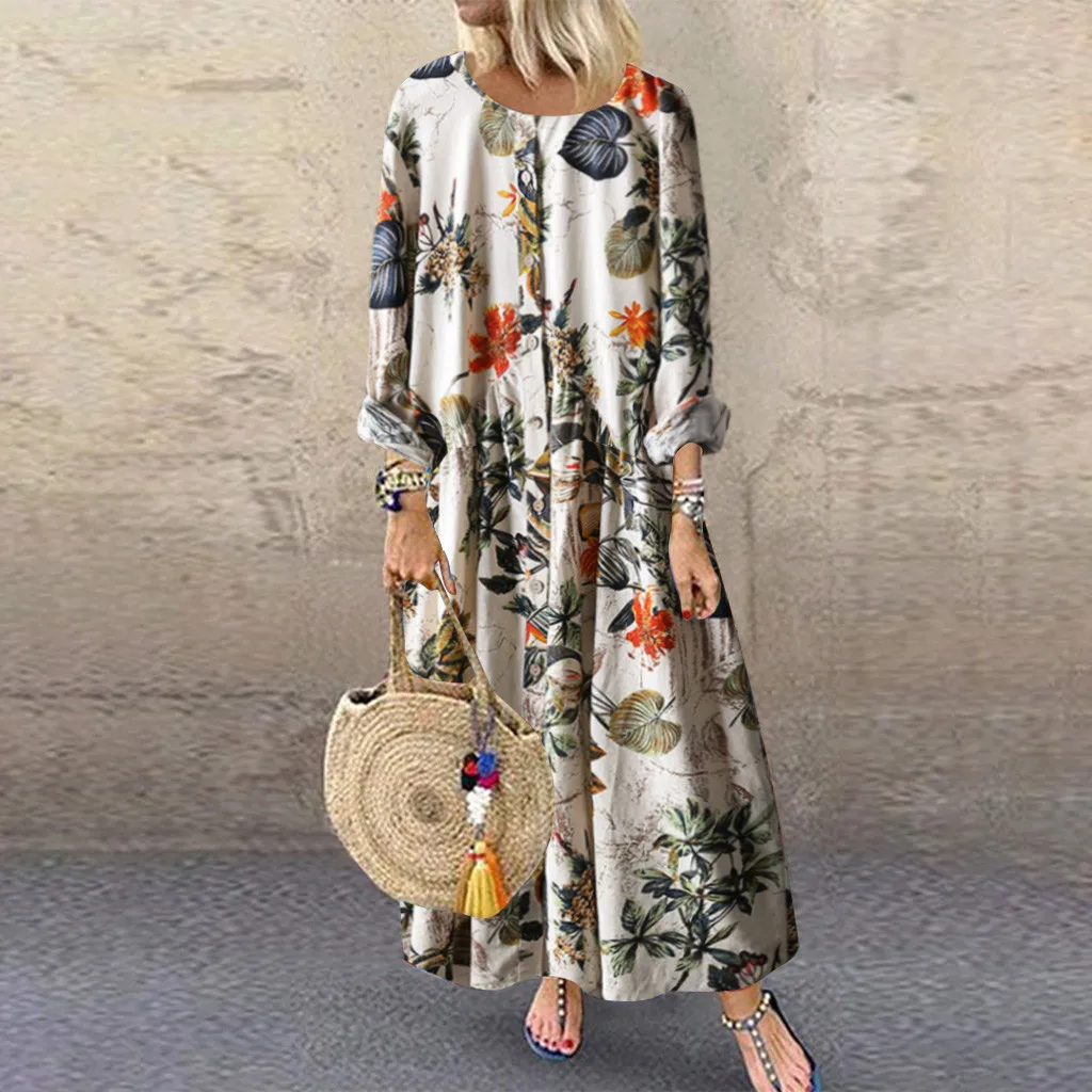 

JAYCOSIN 2019 New Vintage Women Maxi Floral Dress Plus Size Long Sleeves O Neck Cotton Linen Loose Robe Dresses vestidos 718W