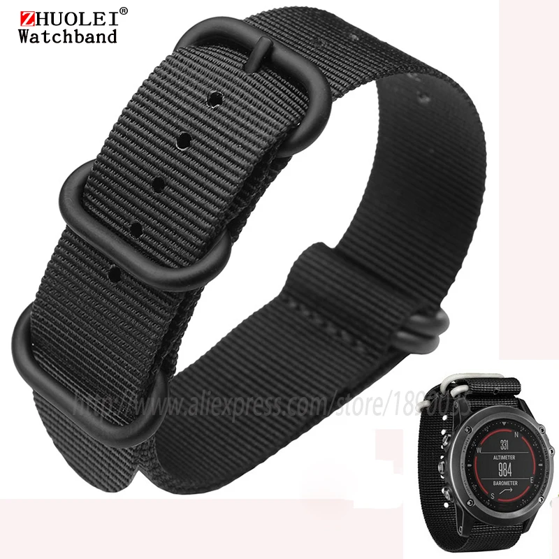

26mm nylon watchband fit garmin fenix 3 watches straps black| army green 5 rings Zulu watch band +2pcs free tools