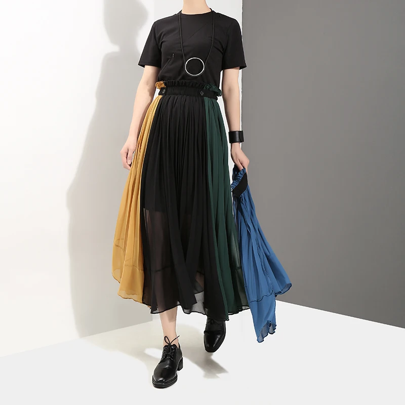 Женская свободная шифоновая юбка, разноцветная повседневная плиссированная юбка в стиле составного кроя до щиколотки, модель 3527 на лето
