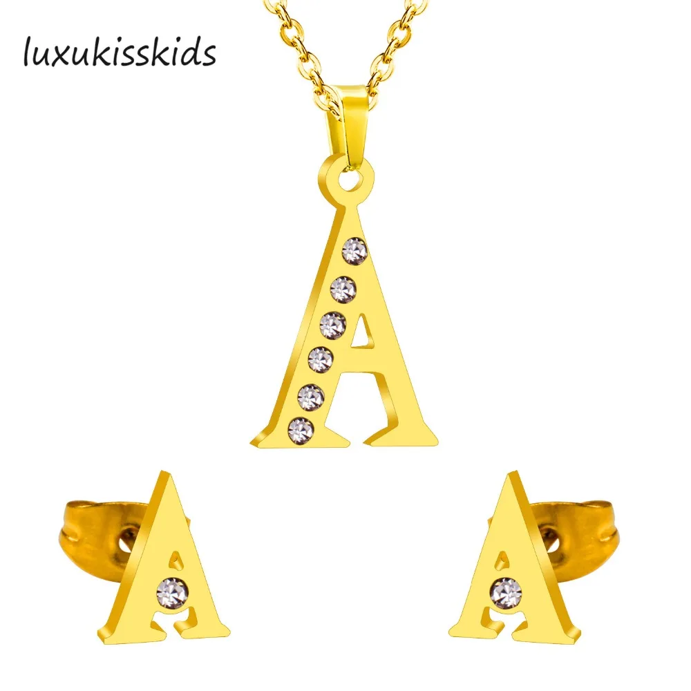 

LUXUKISSKIDS Fashion Stainless Steel With Full Shiny Crystal Jewelry Set Alphabet A Letter Stud Earrings And Necklace For Female