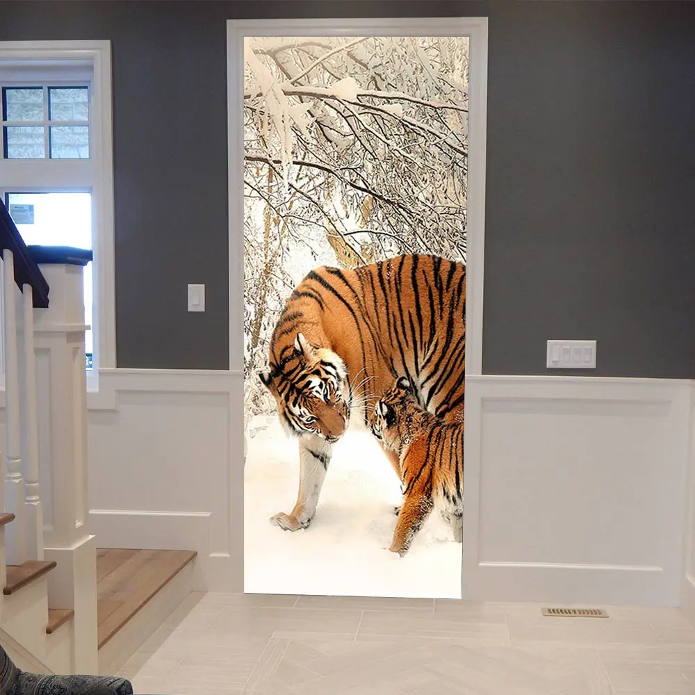 Новые 3D креативные наклейки на дверь снежного тигра s самоклеющиеся DIY плакат, Декор для дома спальни гостиной ПВХ водонепроницаемый стикер на стену