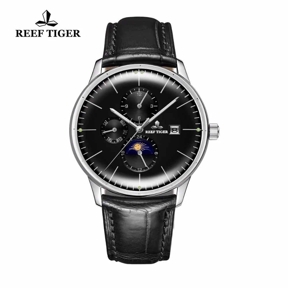 Reef Tiger/RT Fashion Mens Watches Automatic Watches for Men Leather Strap Waterproof Watches Moon Phase Date RGA1653