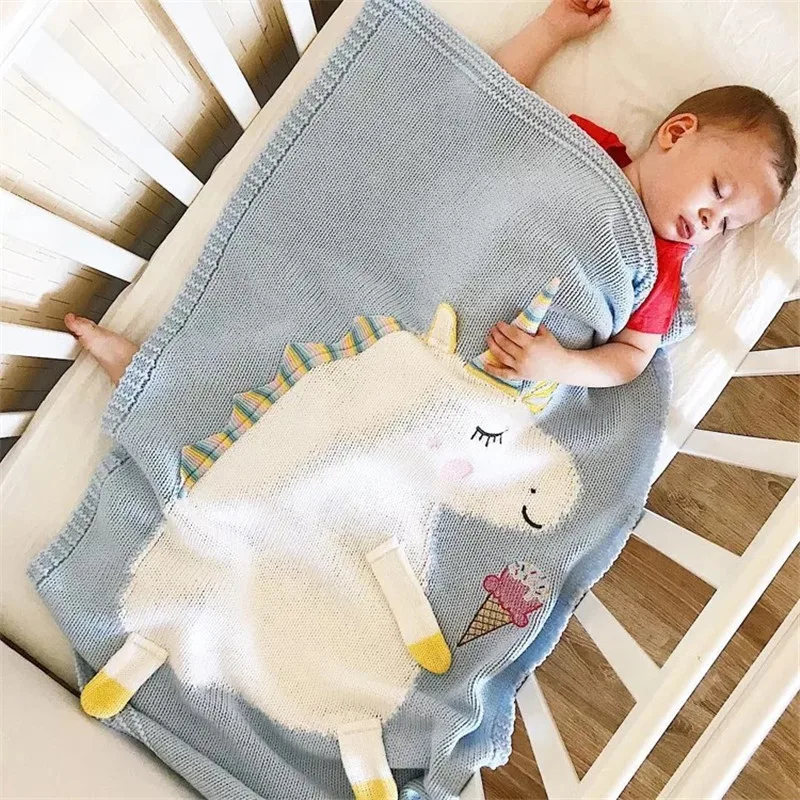 Baby Blanket Toddler Infant Newborn Knitted Blanket Pram Cot Bed Moses Basket Crib Cartoon Unicorn Nursery Sleeping Pillow