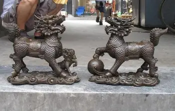 

China regius Pure Bronze Dragon Kylin Lucky Fengshui Chi-Lin statue Pair