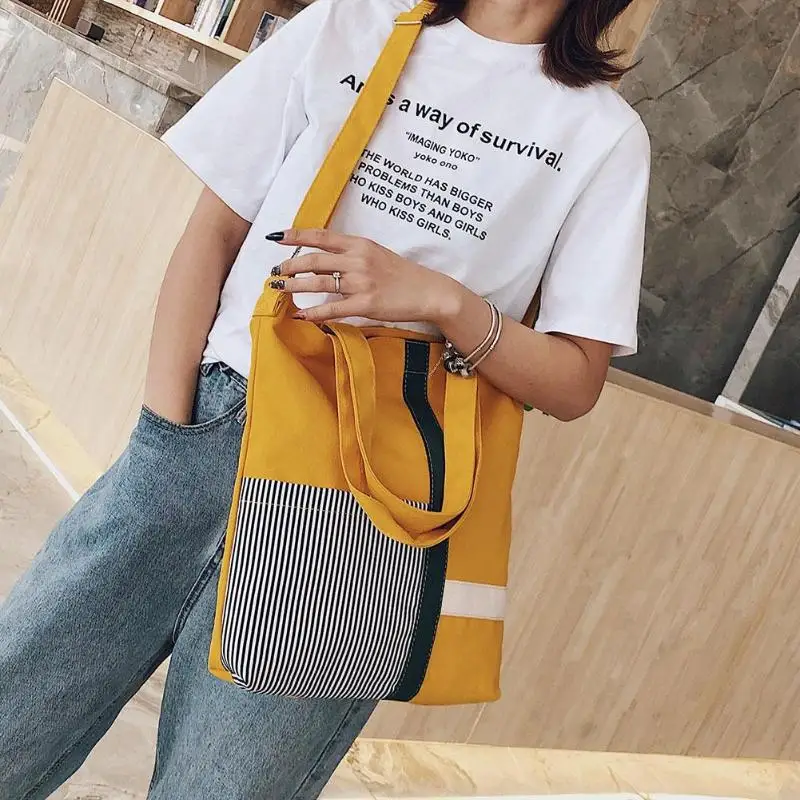 

Canvas Shoulder Bags Environmental Shopping Bag Striped Fashion Tote Grocery Reusable Shopping Bag Vertical Square Totes
