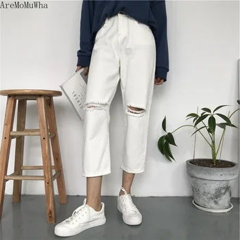 

AreMoMuWha 2019 New Korean Version of The Loose Wild High Waist Hole Wide Leg Pants Straight Nine Points Women ripped jeansQX809