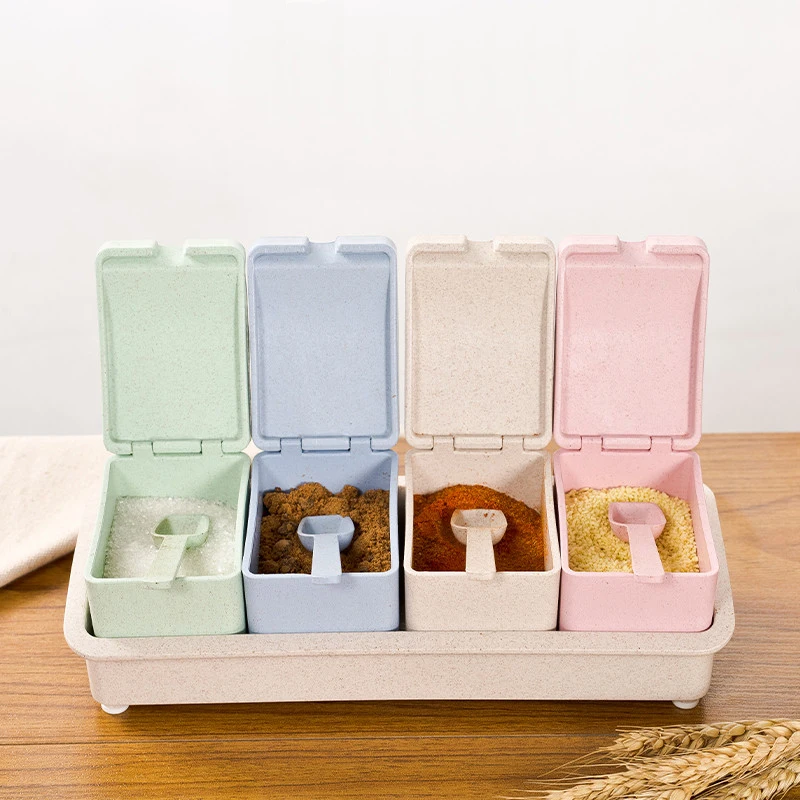 4pcs/Set Wheat Straw Plastic Spice Jar With Rack Colorful Seasoning Box Storage Container Condiment Jar Kitchen Accessories