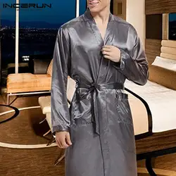 INCERUN удобные для мужчин халат с длинным рукавом осень шелковый атлас длинный халат легкая Пижама пояс Карманы Твердые п