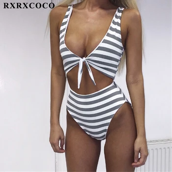 

2018 Striped One Piece Swim Suit High Cut Swimsuit Tie Knot Front Women Push Up Swimwear Deep V Bodysuit Female Bathing Suit