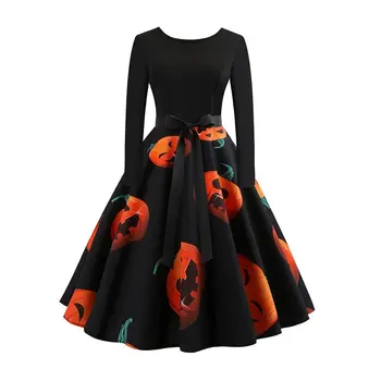 

Pop Halloween Party Women Dress Winter Pumpkin Print Bowknot Zipper Backless Female Prom Black Gothic Swing Midi Nice Dresses