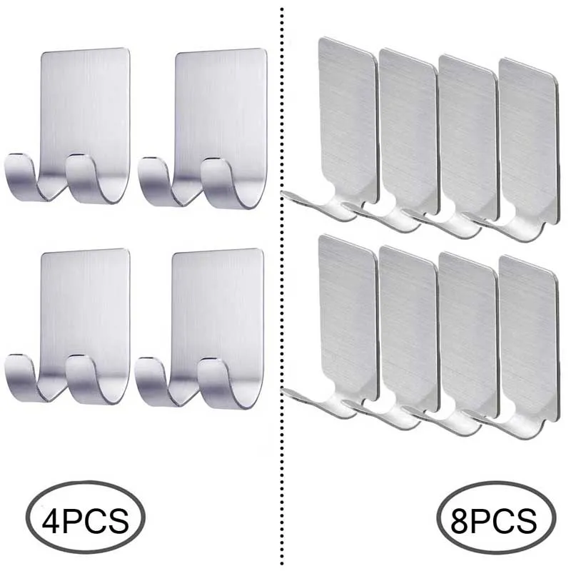 

4/8PCS Self Adhesive Hooks Wall Hat Hooks Hangers 304 Stainless Steel Waterproof Storage Hooks Kitchen Bathroom Adhesive Hanger