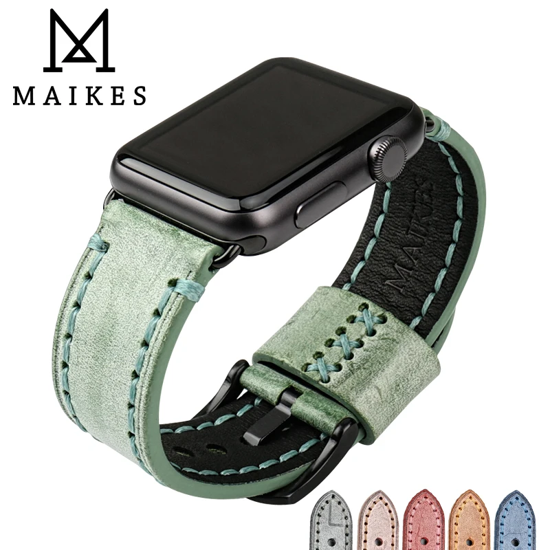 MAIKES Vintage leather watch strap green watch accessories wristband for Apple watch band 42mm 38mm iwatch 44mm 40mm watchband
