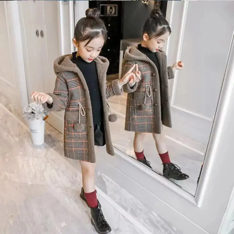 

Winter Girls Jacket Coat Kids Clothing Solid Plaid Khaki Coat Outfits Clothes Hooded Coat for Girls Kids Warm Pretticoat