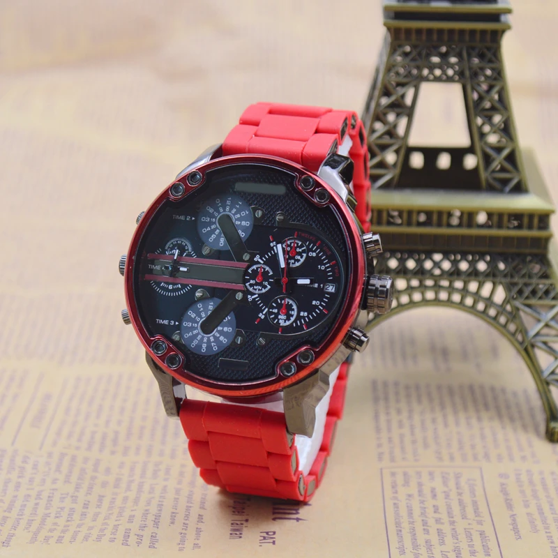 

Extravagant Brand Male Movement Quartz Watch Red Rubber Strap Multi-function Two Time Zone Military Sports Watch Automatic Date