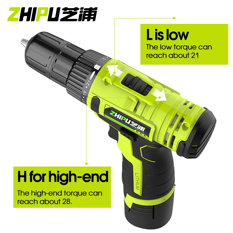 ZHIPU 15V Lithium Drill Dual Speed Rechargeable Pistol Drill Multi