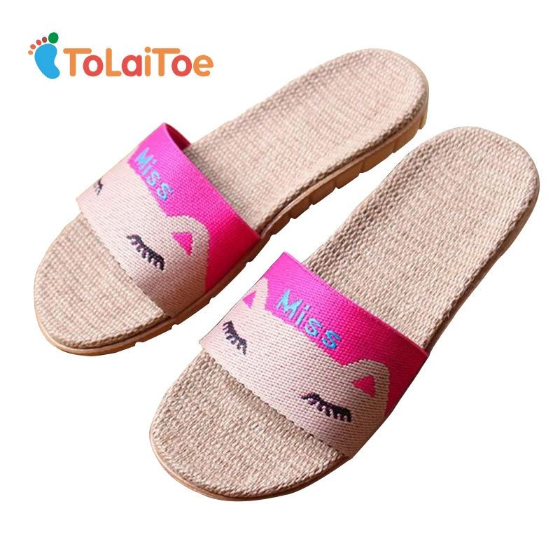 

ToLaiToe Women Cartoon Cats Linen Home Slippers Summer Silent Sweat Cool Slippers Miss Couples Non-slip Indoor Slipper Shoes